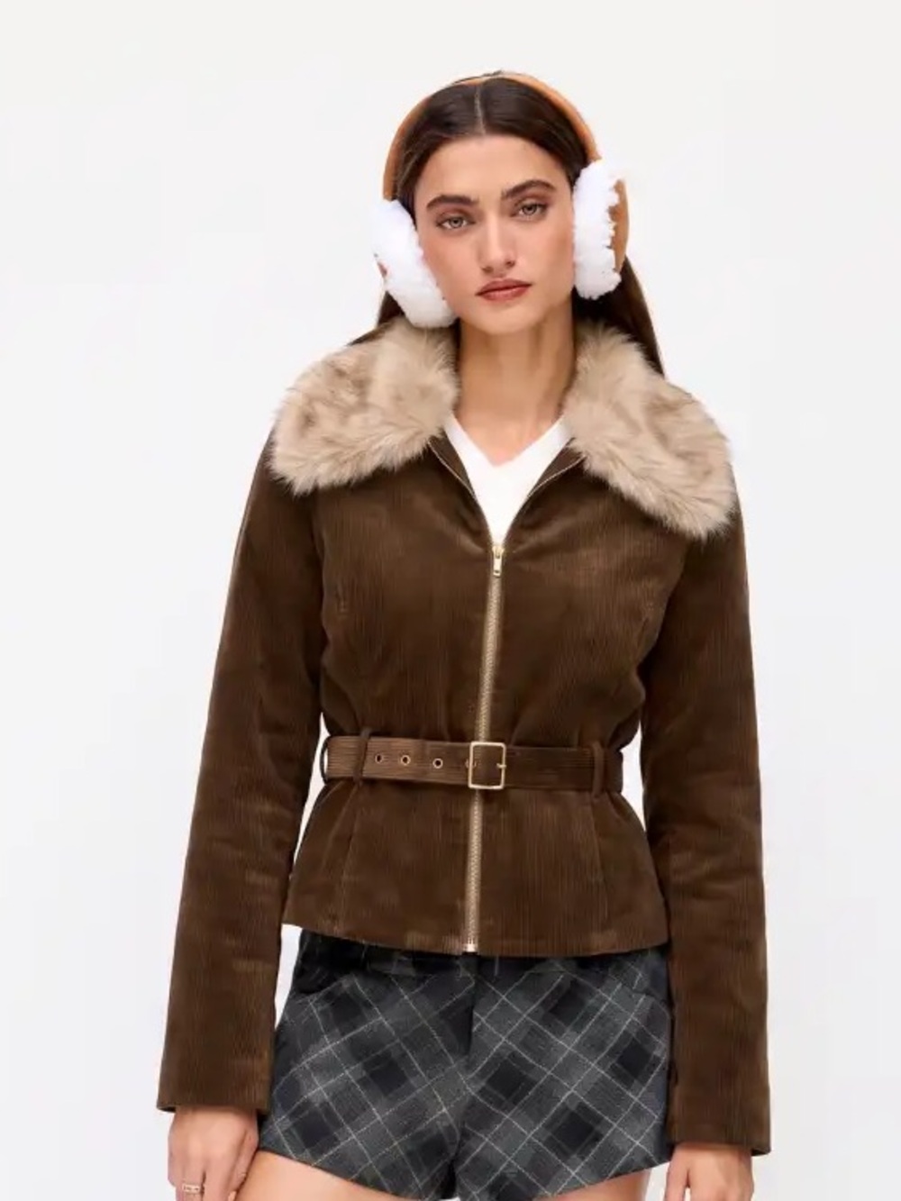CORDUROY FAUX FUR TRIM COLLAR JACKET WITH BELT